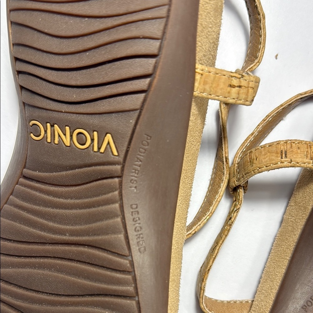 Vionic Tan Gold T-Strap Sandals with Ankle Buckle - Picture 6 of 8